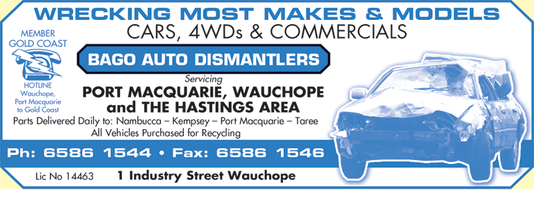Bago Auto Dismantlers |  | 1 Industry St, Wauchope NSW 2446, Australia | 0265861544 OR +61 2 6586 1544