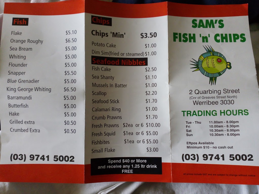 Sams Fish And Chips | restaurant | 2 Quarbing St, Werribee VIC 3030, Australia | 0380878008 OR +61 3 8087 8008