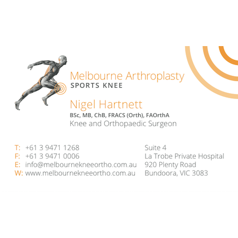 Melbourne Arthroplasty Sports Knee (Nigel Hartnett) | Suite 4, La Trobe Private Hospital Corner of Plenty Road and, Kingsbury Dr, Bundoora VIC 3083, Australia | Phone: (03) 9471 1268