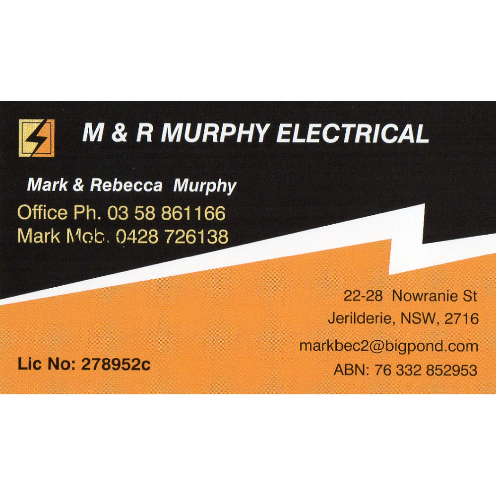 M & R MURPHY ELECTRICAL | electrician | 30 Nowranie St, Jerilderie NSW 2716, Australia | 0358861166 OR +61 3 5886 1166