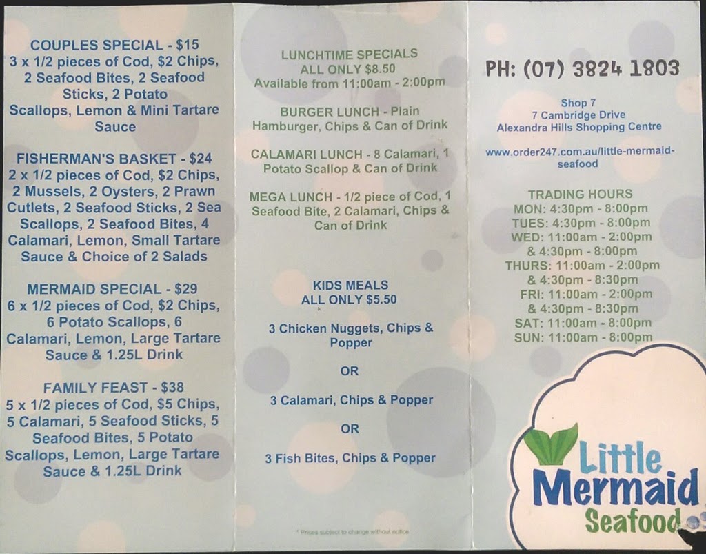 Little Mermaid Seafood Alexandra Hills Brisbane | restaurant | Alexandra Hills Shopping Centre, 7 Finucane Rd & Cambridge Dr, Alexandra Hills QLD 4161, Australia | 0738241803 OR +61 7 3824 1803
