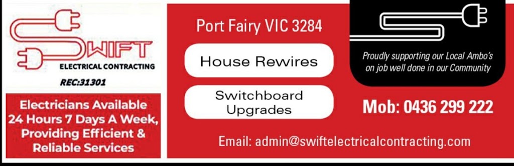Swift electrical contracting | 226 Hamilton-Port Fairy Rd, Port Fairy VIC 3284, Australia | Phone: 0436 299 222