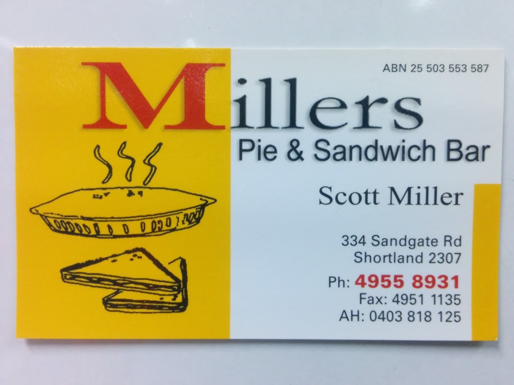 Millers Pie & Sandwich Bar | bakery | 334 Sandgate Rd, Shortland NSW 2307, Australia | 0249548884 OR +61 2 4954 8884