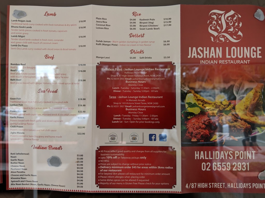 Jashan Lounge Indian Restaurant | 4a/87 High St, Hallidays Point NSW 2430, Australia | Phone: (02) 6559 2931