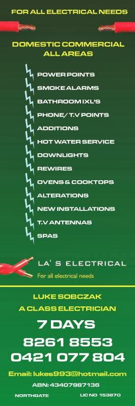 LAs Electrical | Northgate Parade, Northgate SA 5085, Australia | Phone: 0421 077 804
