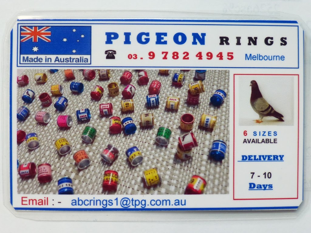 ABC Pigeon and Parrot Rings . |  | 13 Greenshank Ct, Carrum Downs VIC 3201, Australia | 0397824945 OR +61 3 9782 4945