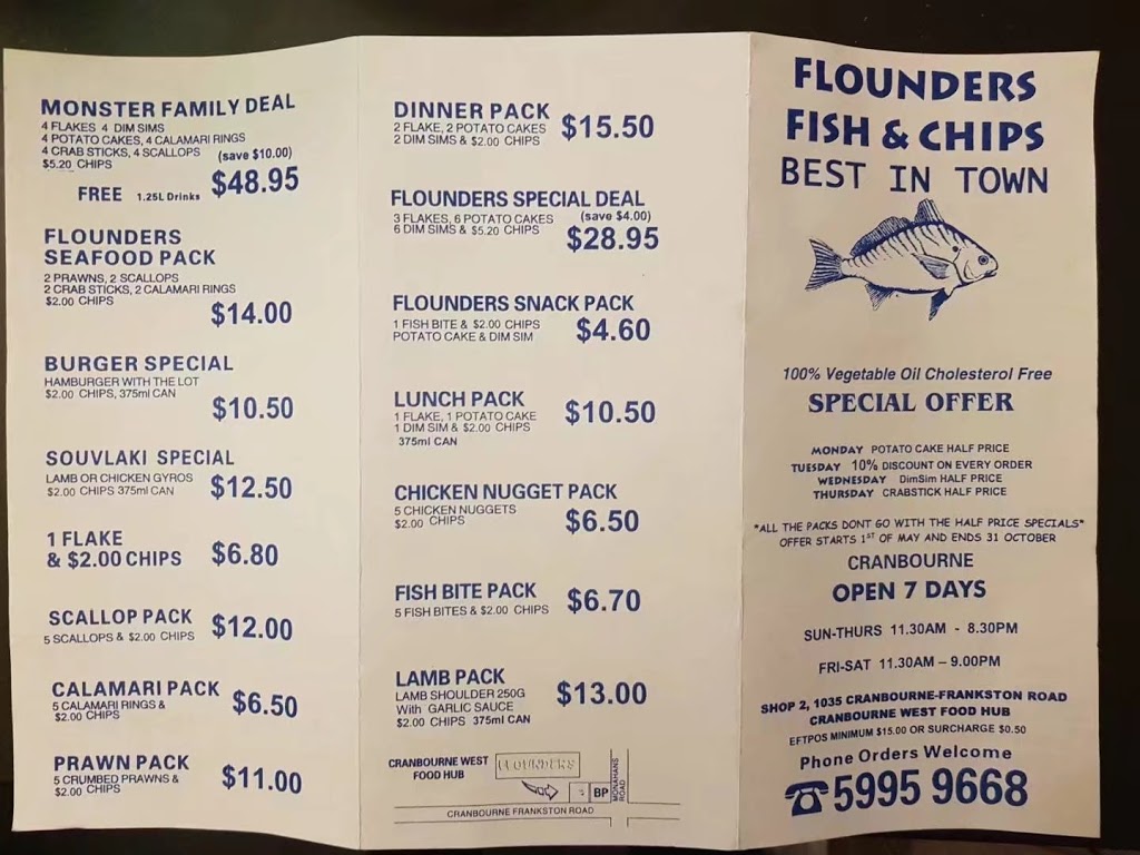 Flounders Fish & Chips | restaurant | 1035 Cranbourne-Frankston Rd, Cranbourne West VIC 3977, Australia | 0359959668 OR +61 3 5995 9668
