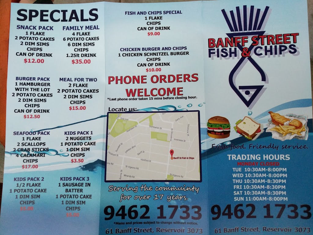 Banff St Fish & Chips | meal takeaway | 61 Banff St, Reservoir VIC 3073, Australia | 0394621733 OR +61 3 9462 1733