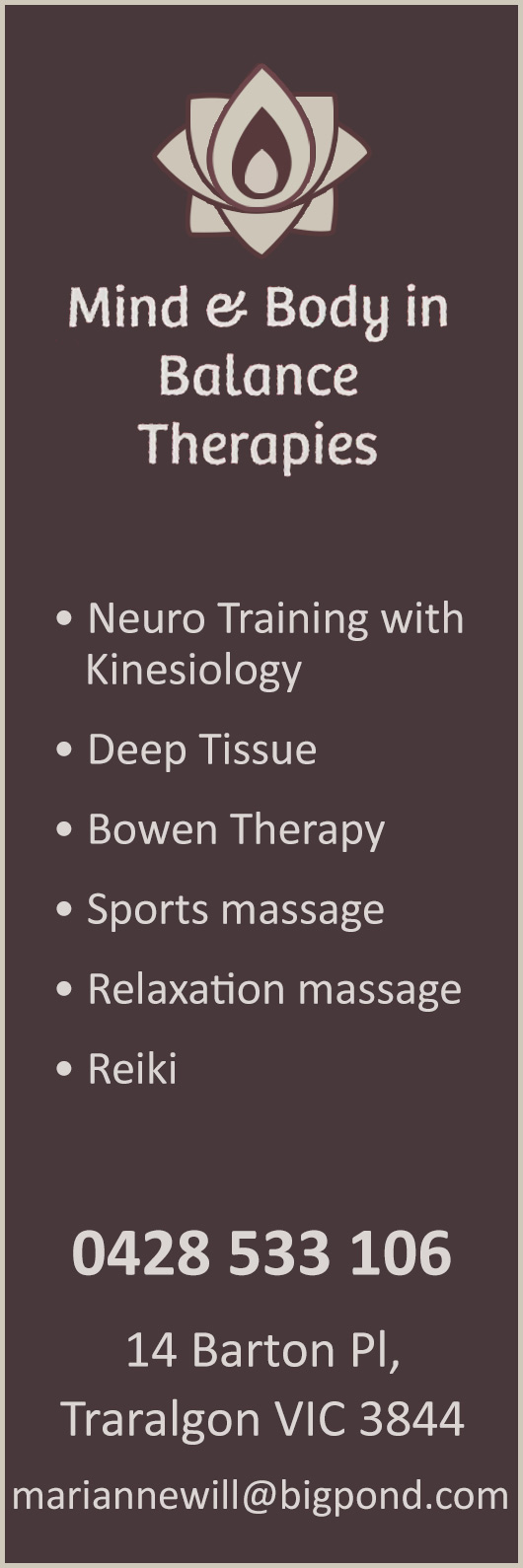 Mind & Body In Balance Therapies | Grant St, Morwell VIC 3840, Australia | Phone: 0428 533 106