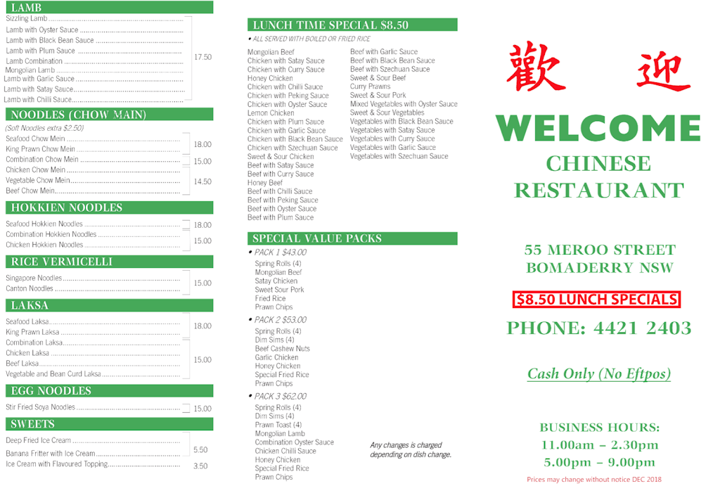 Welcome Chinese Restaurant Bomaderry | restaurant | 55 Meroo St, Bomaderry NSW 2541, Australia | 0244212403 OR +61 2 4421 2403