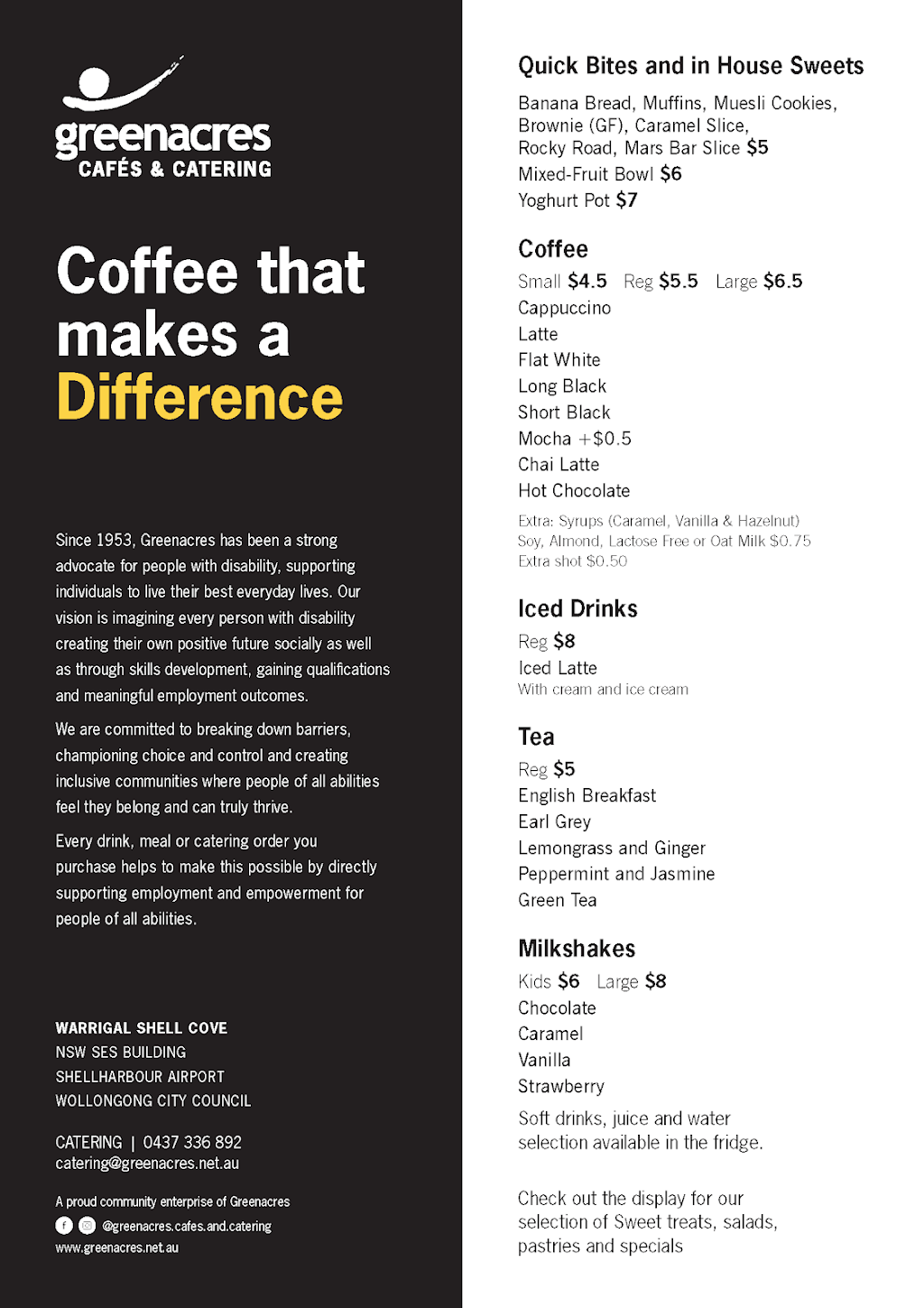 Greenacres Cafés & Catering Shellharbour Airport Cafe | 45 Airport Rd, Albion Park Rail NSW 2527, Australia | Phone: 0437 336 892