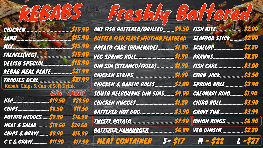 Delish kebabs & Fish N Chips | T06/315 Glenelg Hwy, Smythes Creek VIC 3351, Australia | Phone: 0409 717 693