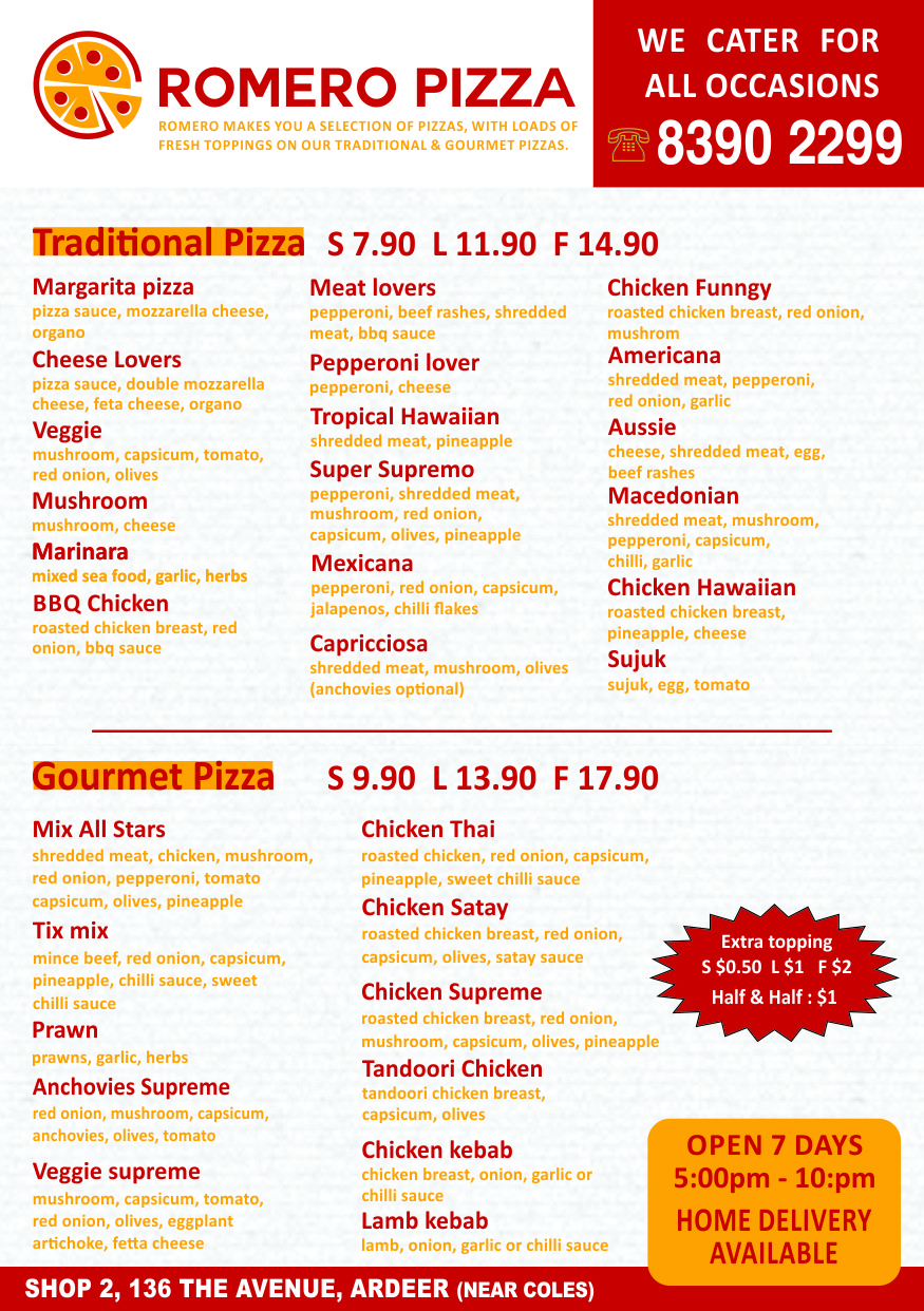 Romero Pizza | restaurant | 2/136 The Avenue, Ardeer VIC 3020, Australia | 0383902299 OR +61 3 8390 2299