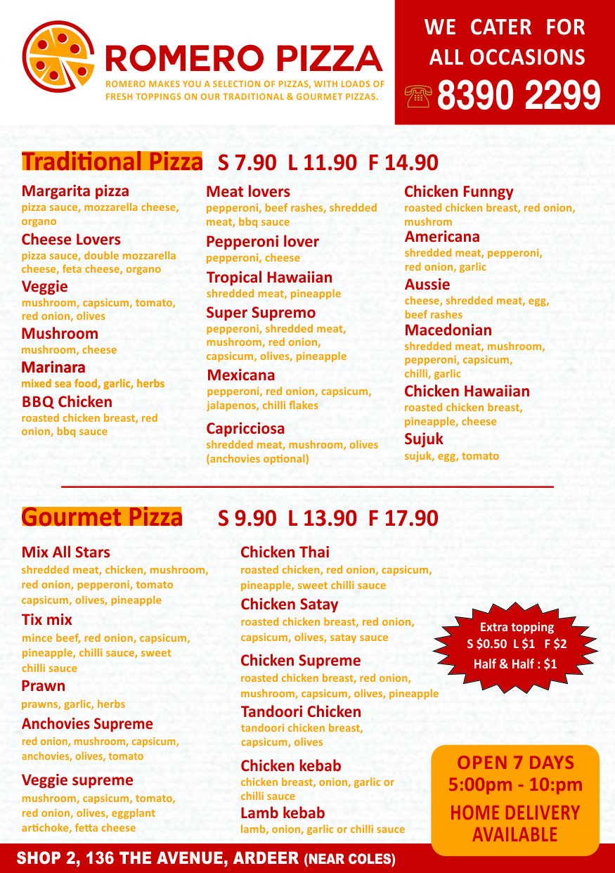 Romero Pizza | 2/136 The Avenue, Ardeer VIC 3020, Australia | Phone: (03) 8390 2299