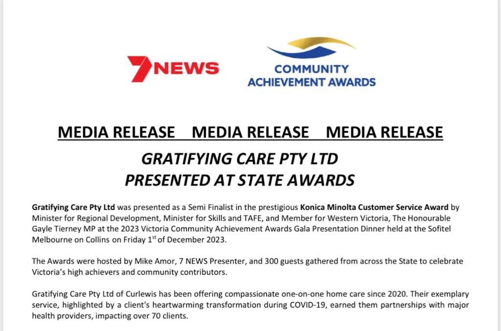 Gratifying Care Pty Ltd | 32 Brompton Ave, Curlewis VIC 3222, Australia | Phone: 0424 373 530