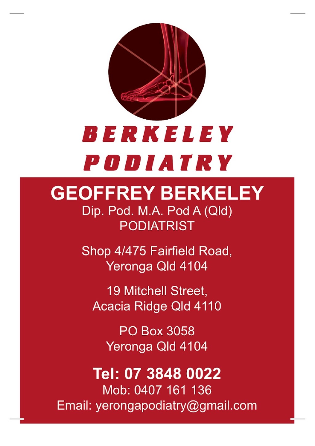 Berkeley Podiatry | doctor | 3/475 Fairfield Rd, Yeronga QLD 4104, Australia | 0738480022 OR +61 7 3848 0022