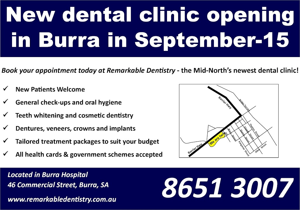 Remarkable Dentistry - Burra | dentist | Burra Hospital, 46 Commercial St, Burra SA 5417, Australia | 0886513007 OR +61 8 8651 3007