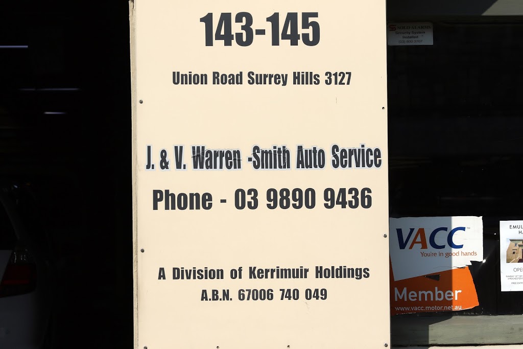 J&V Warren Smith Auto Service | car repair | 145 Union Rd, Surrey Hills VIC 3127, Australia | 0398909436 OR +61 3 9890 9436