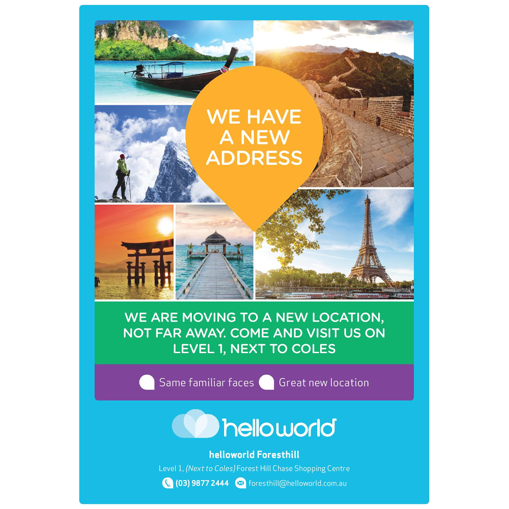 Helloworld, FOREST HILL | travel agency | Level 1 NEXT TO COLES Forest Hill Chase Shopping Centre 228/, 260/270 Canterbury Road, Forest Hill VIC 3131, Australia | 0398772444 OR +61 3 9877 2444