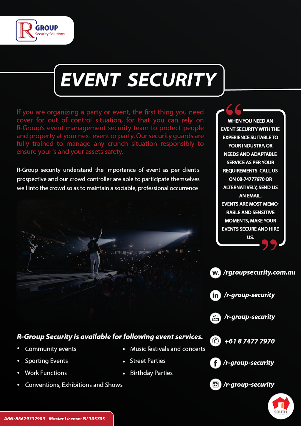 R Group Security - South Australia, Adelaide | U8/6 Claring-Bould Rd, Christies Beach SA 5165, Australia | Phone: 0405 000 373