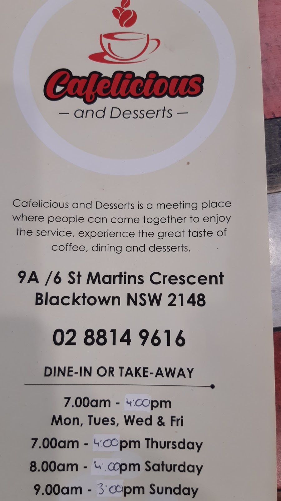 Cafelicious And Desserts | 6B St Martins Cres, Blacktown NSW 2148, Australia | Phone: (02) 8814 9616