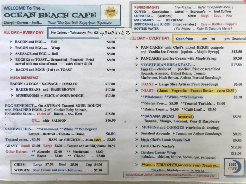ocean beach cafe | cafe | 176 The Esplanade, Umina Beach NSW 2257, Australia | 0243443253 OR +61 2 4344 3253