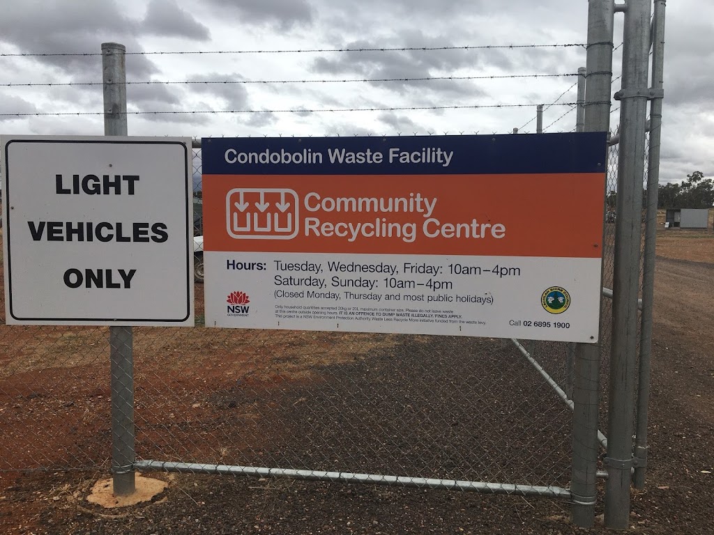 Condobolin Community Recycling Centre |  | 55 Boona Rd, Condobolin NSW 2877, Australia | 0268951900 OR +61 2 6895 1900