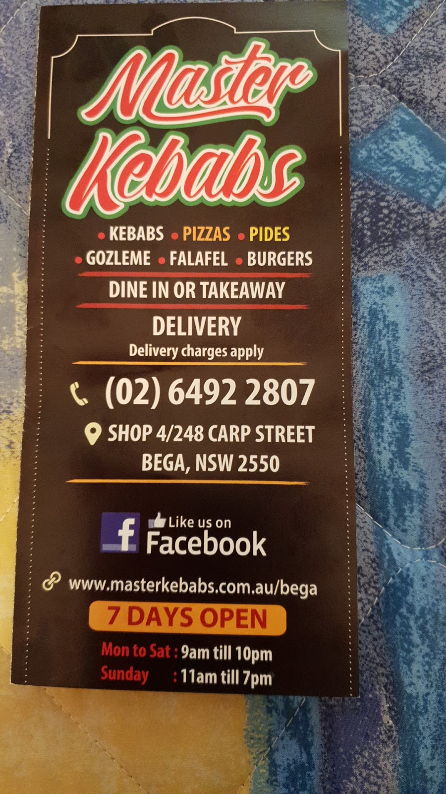 Master kebabs & pizza | meal takeaway | 4/248 Carp St, Bega NSW 2554, Australia | 0264922807 OR +61 2 6492 2807