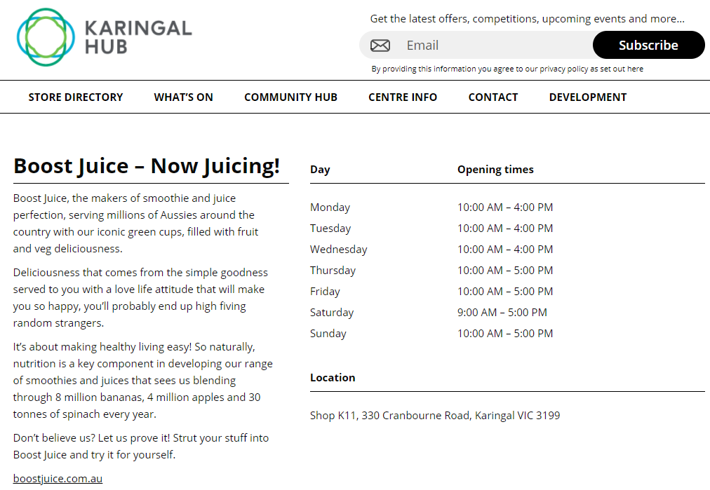 Boost Juice - Karingal Hub | Shop K11/330 Cranbourne Rd, Frankston VIC 3199, Australia | Phone: 0478 284 867