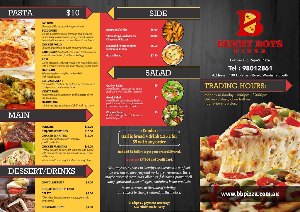 Benny Boys Pizza (Wantirna South) | meal delivery | 100 Coleman Rd, Wantirna South VIC 3152, Australia | 0398012861 OR +61 3 9801 2861