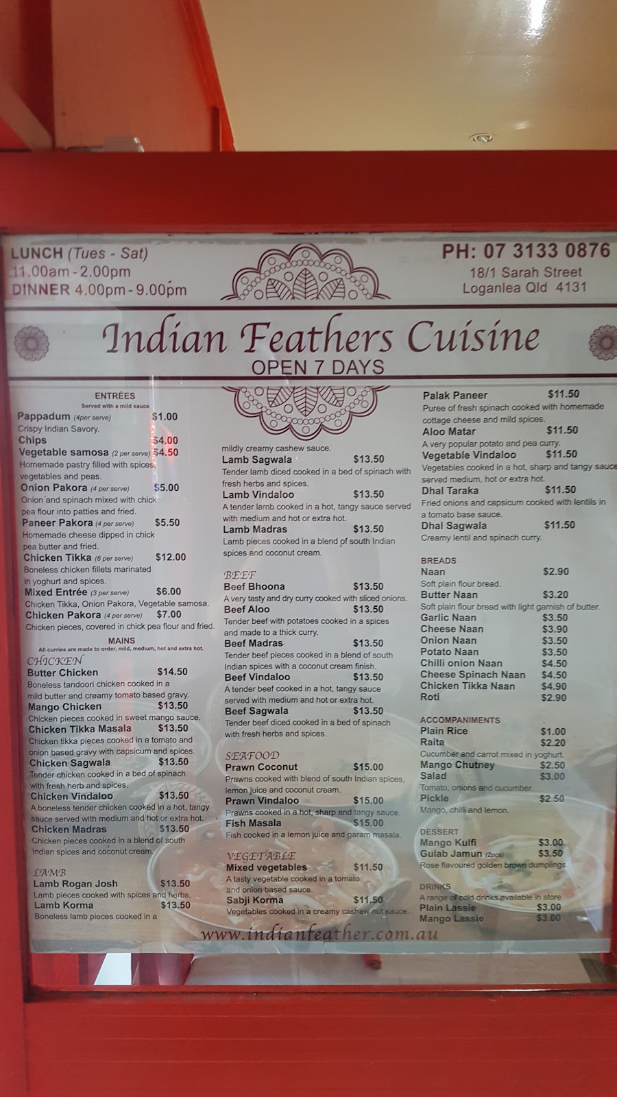 Indian Feathers | restaurant | 18/1 Sarah St, Loganlea QLD 4131, Australia | 0731330876 OR +61 7 3133 0876