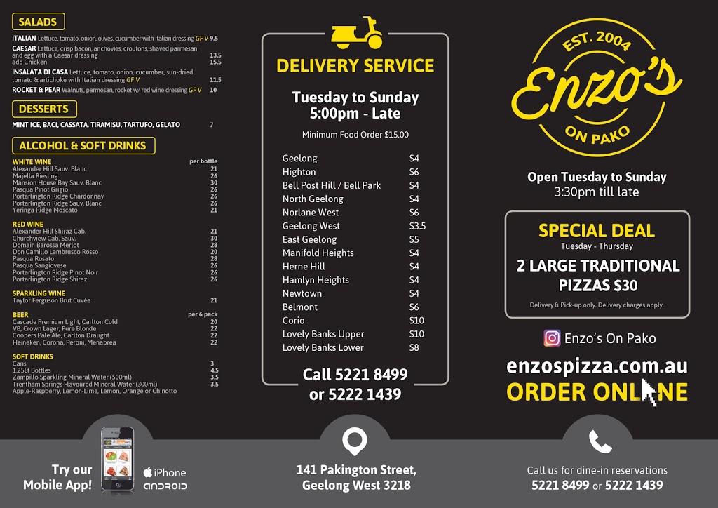 Enzos On Pako | 141 Pakington St, Geelong West VIC 3218, Australia | Phone: (03) 5221 8499