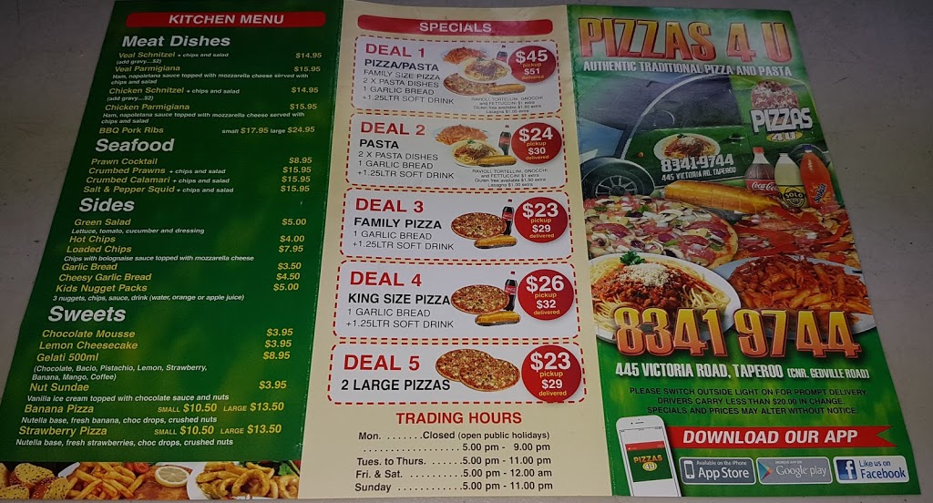 Pizzas 4 U | 445-449 Victoria Rd, Taperoo SA 5017, Australia | Phone: (08) 8341 9744
