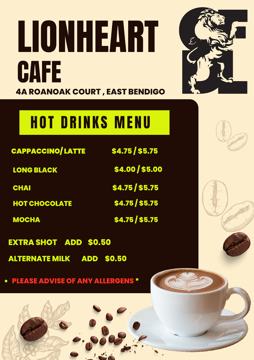 Lionheart Cafe | 4A Roanoak Ct, East Bendigo VIC 3550, Australia | Phone: 0402 347 280