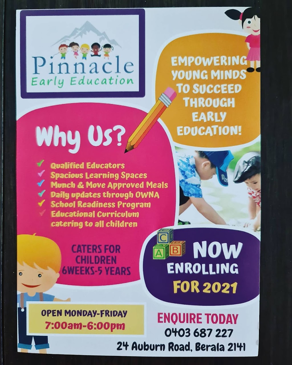 Pinnacle Early Education | school | 24 Auburn Rd, Berala NSW 2141, Australia | 0296435102 OR +61 2 9643 5102