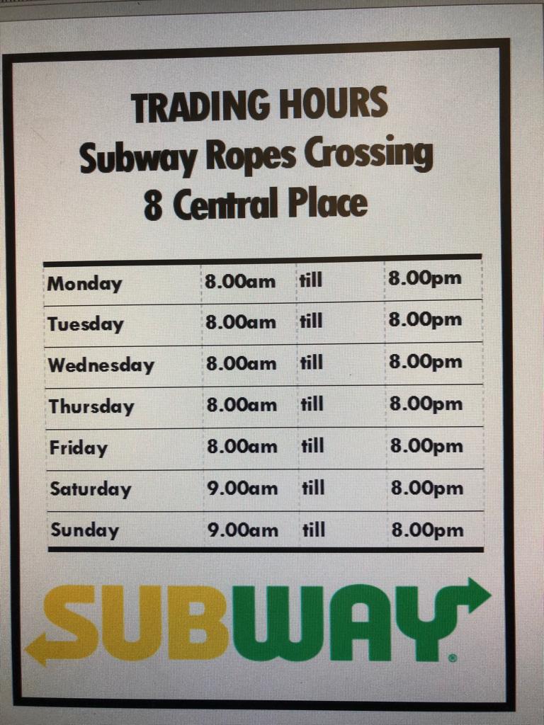 Subway Ropes Crossing | restaurant | Shop 7/8 Central Pl, Ropes Crossing NSW 2760, Australia | 0298330508 OR +61 2 9833 0508