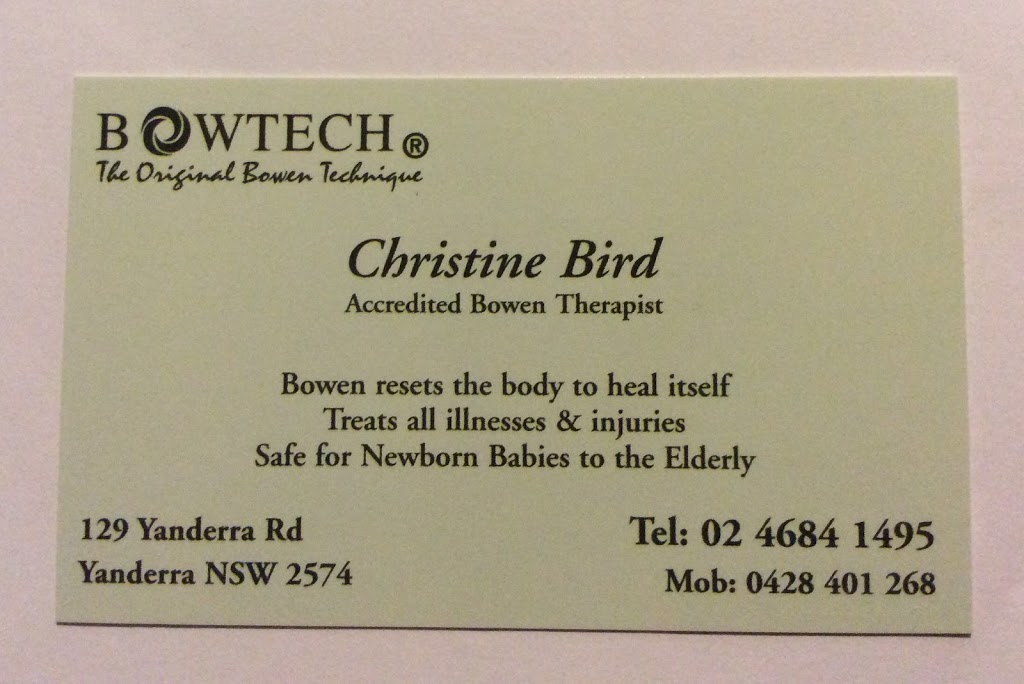 Christine Bird Adv. Bowen Therapist | health | 129 Yanderra Rd, Yanderra NSW 2574, Australia | 0246841495 OR +61 2 4684 1495