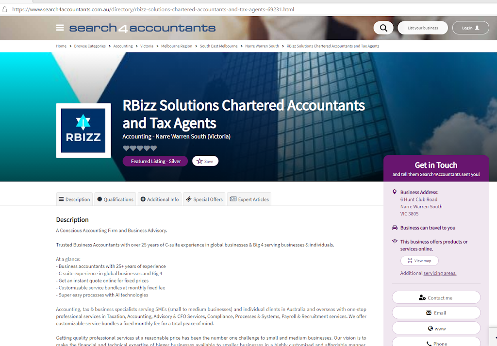 R-Bizz Solutions Top Business Accountants & Advisors | accounting | 6 Hunt Club Rd, Narre Warren South VIC 3805, Australia | 1300072499 OR +61 1300 072 499