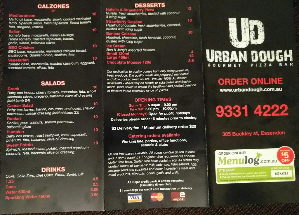 Urban Dough Pizza | 305 Buckley St, Aberfeldie VIC 3040, Australia | Phone: (03) 9331 4222