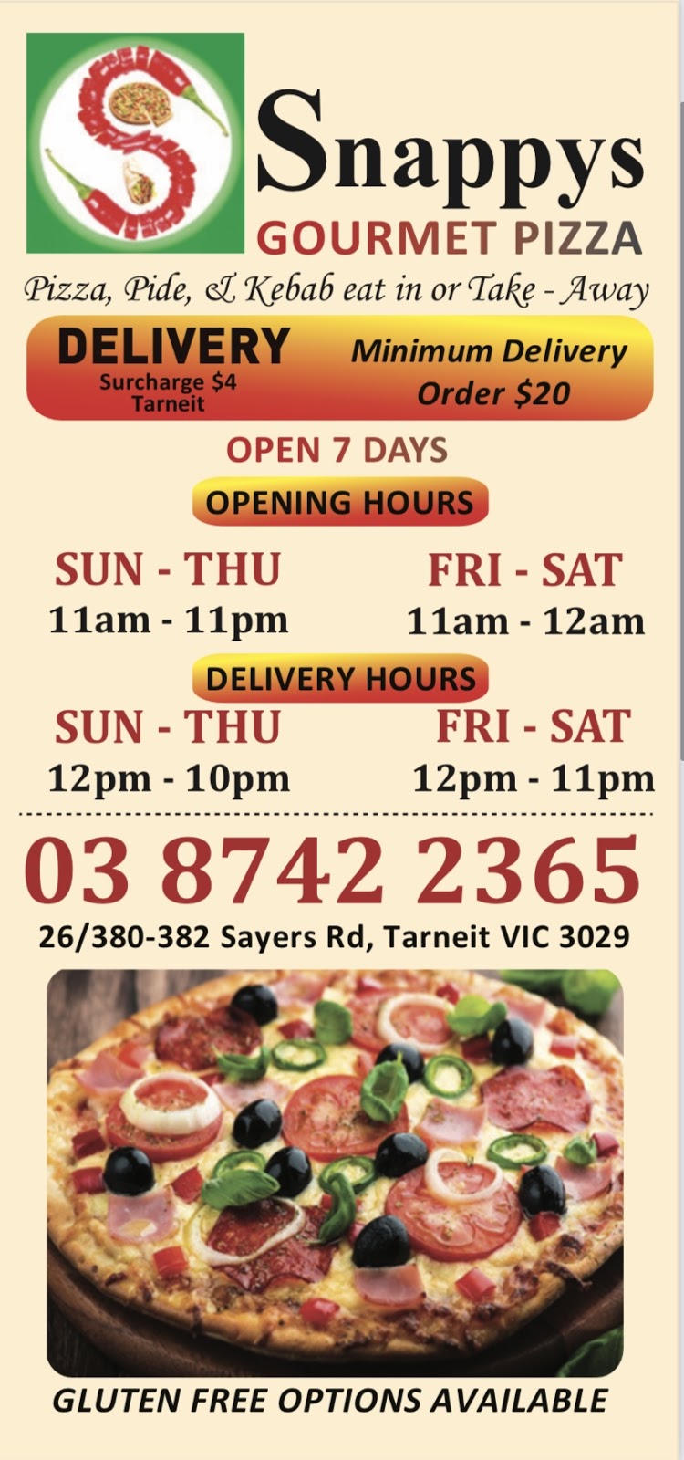 Snappys Pizza and Kebab Tarneit | 26/380-382 Sayers Rd, Tarneit VIC 3029, Australia | Phone: (03) 8742 2365