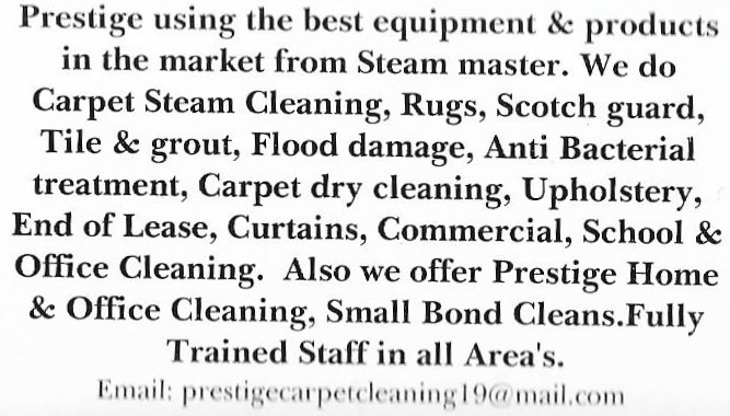 Prestige all in one carpet and cleaning service | 53 Aramac Dr, Clinton QLD 4680, Australia | Phone: 0401 396 500