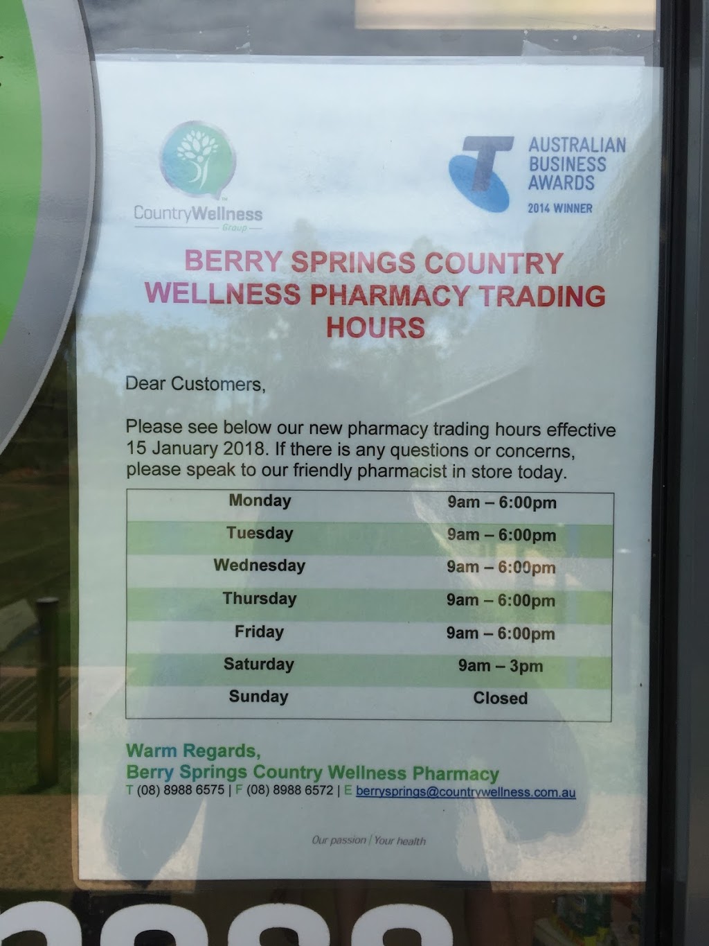 Berry Springs Country Wellness Pharmacy | pharmacy | Berry Springs Shopping Village, B4/10 Doris Rd, Berry Springs NT 0838, Australia | 0889886575 OR +61 8 8988 6575