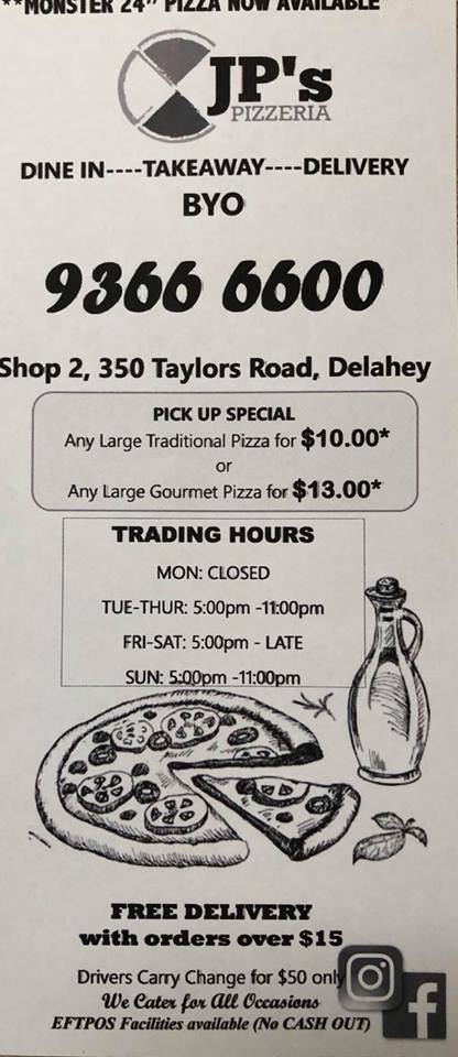 JPs Pizzeria | restaurant | 2/350 Taylors Rd, Delahey VIC 3037, Australia | 0393666600 OR +61 3 9366 6600