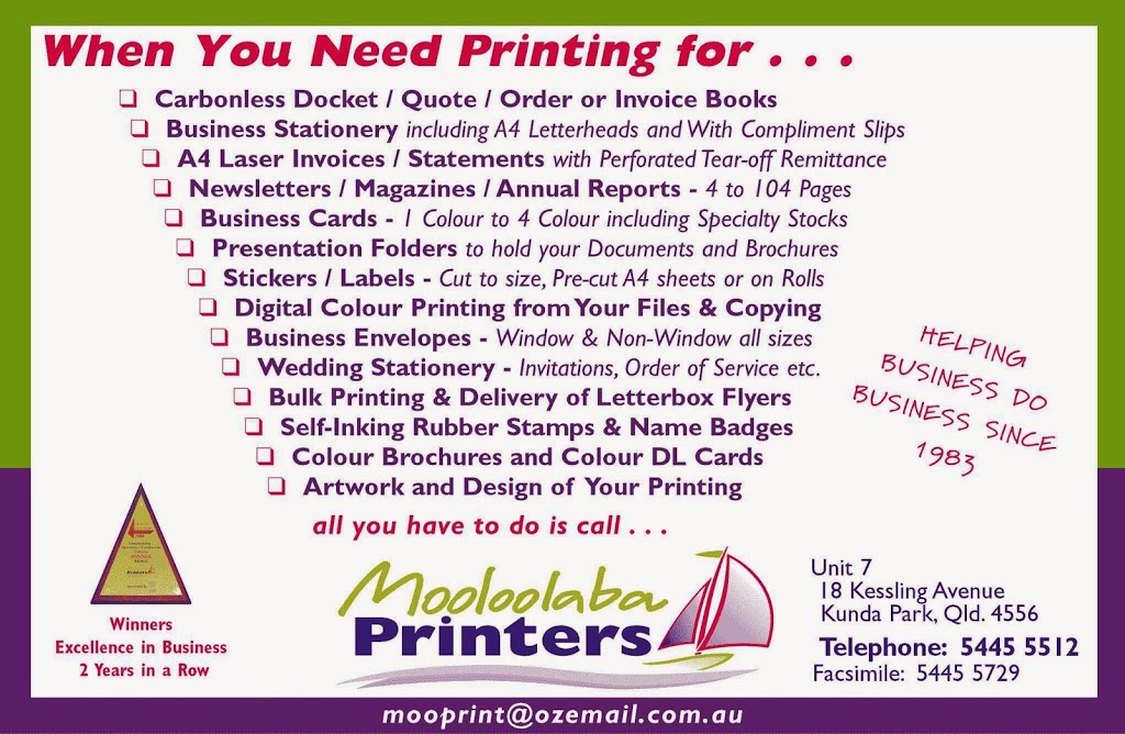 Mooloolaba Printers | 18 Kessling Ave, Kunda Park QLD 4556, Australia | Phone: (07) 5445 5512