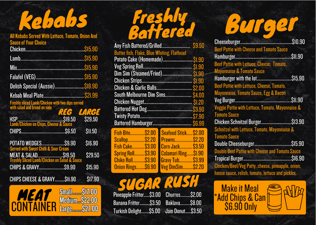 Delish kebabs & Fish N Chips | T06/315 Glenelg Hwy, Smythes Creek VIC 3351, Australia | Phone: 0409 717 693