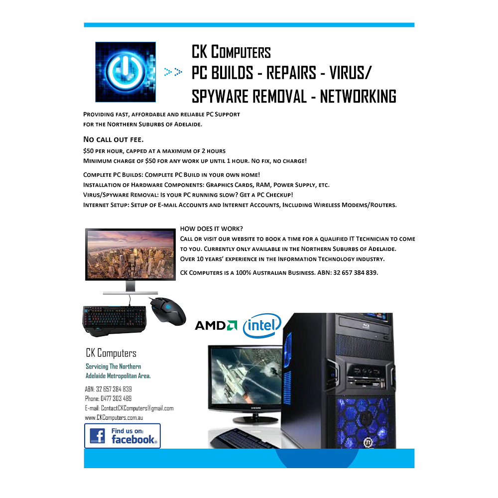 CK Computers | electronics store | 42 Fordingbridge Rd, Davoren Park SA 5113, Australia | 0434385444 OR +61 434 385 444