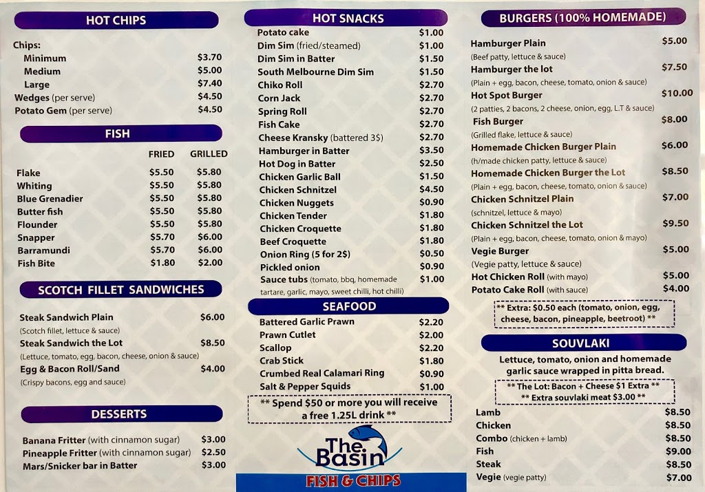 The Basin Fish & Chips Shop | meal takeaway | 1321 Mountain Hwy, The Basin VIC 3154, Australia | 0397625818 OR +61 3 9762 5818